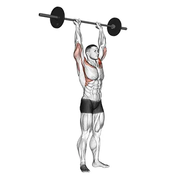 Animated demonstration: barbell standing front raise over head — target delts
