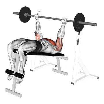 Animated demonstration: barbell reverse grip decline bench press — target pectorals