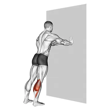 Animated demonstration: calf stretch with hands against wall — target calves