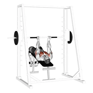 Animated demonstration: smith machine reverse decline close grip bench press — target pectorals