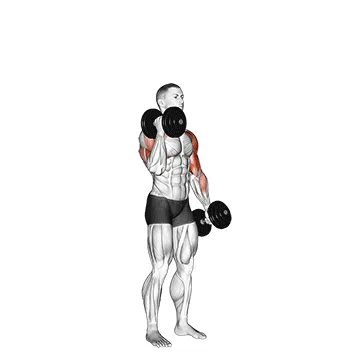 Animated demonstration: dumbbell standing alternate hammer curl and press — target biceps
