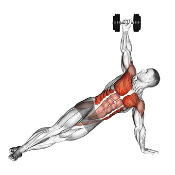 Animated demonstration: dumbbell side plank with rear fly — target upper back